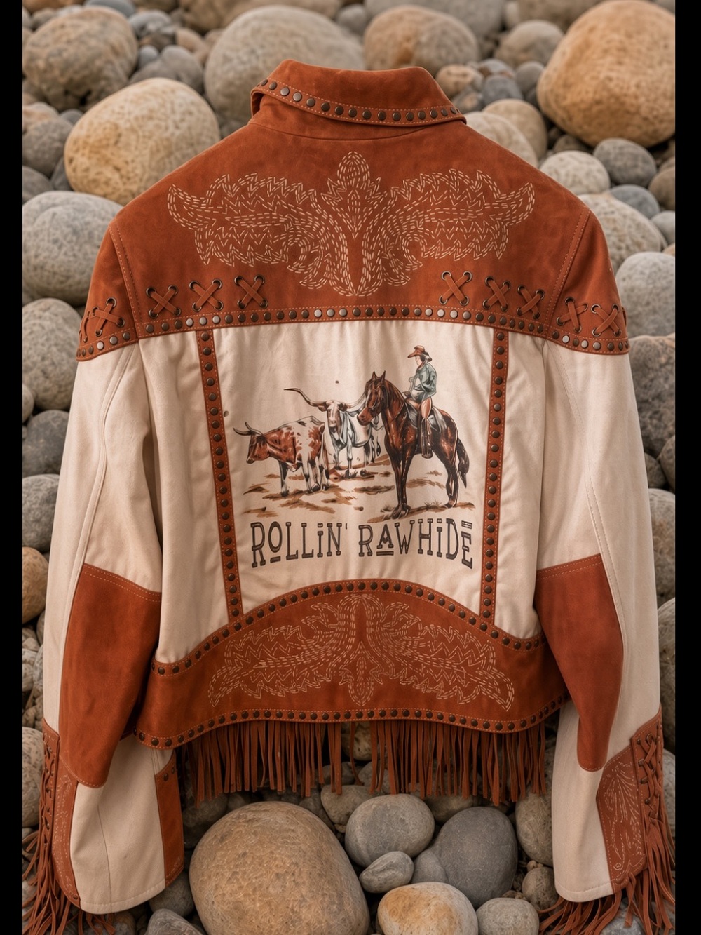 Double D Ranchwear Rollin Rawhide motorcycle Leather Jacket studs lacing cowboy - Picture 12 of 13